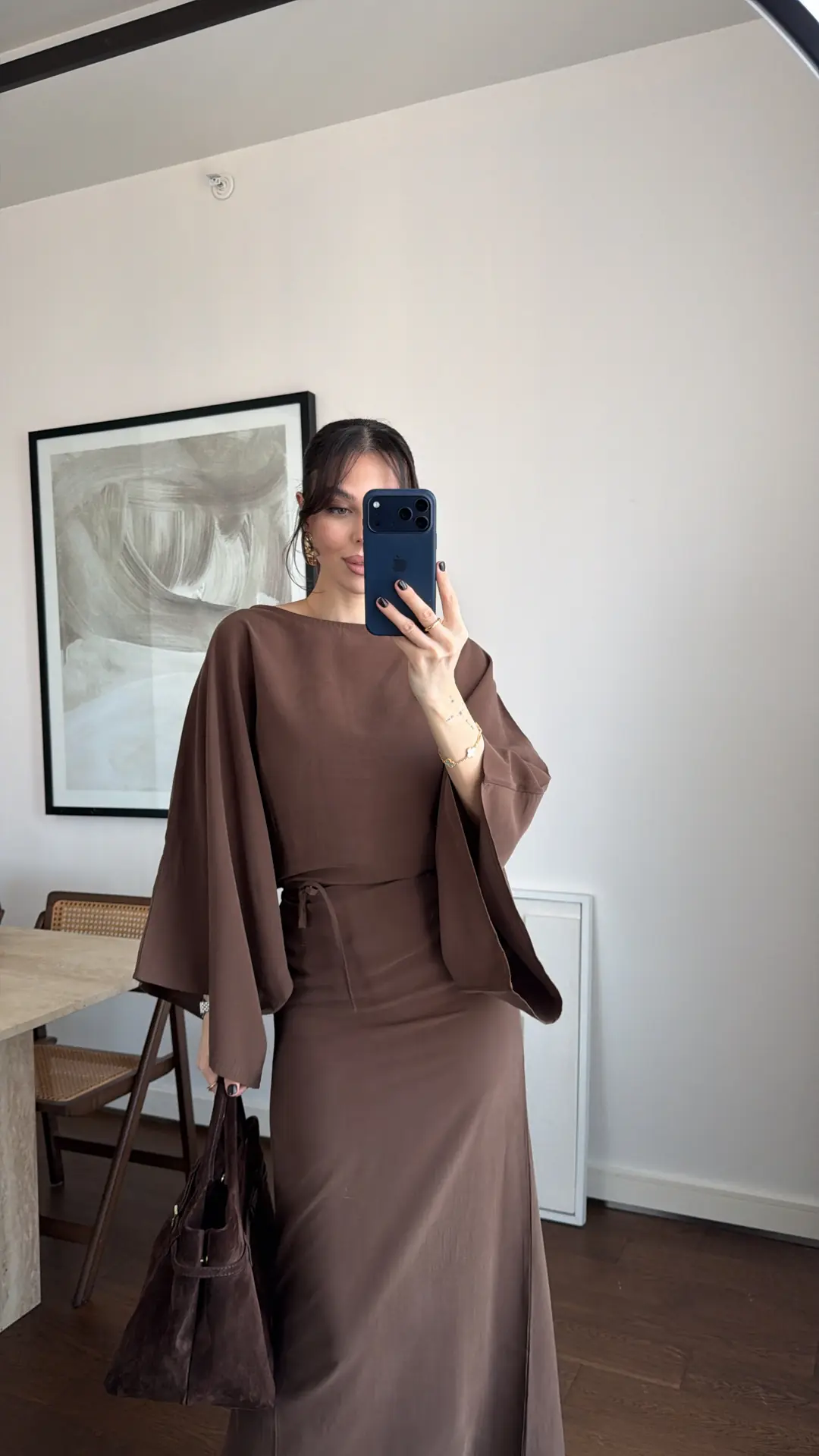 YARASA KOL KUŞAKLI ELBİSE - KAHVE